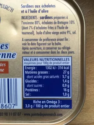Liste des ingrédients du produit Sardine aux échalotes et à l'huile d'olive La Pointe De Penmarc’h 