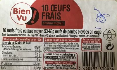 Liste des ingrédients du produit 10 oeufs frais de poules élevées en cage Bien Vu! 10