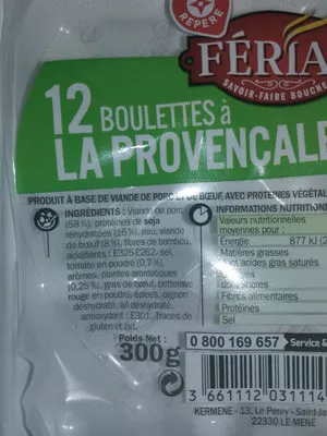 Liste des ingrédients du produit Boulettes au boeuf / porc provençale x 12 Férial, Marque Repère 300 g