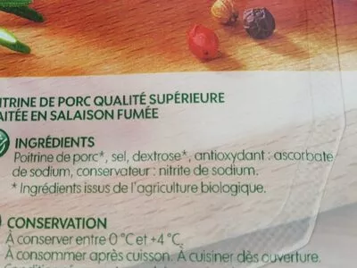 Liste des ingrédients du produit Poitrine fum. fines tr bio 2x5 Bio Village,  Marque Repère 140 g