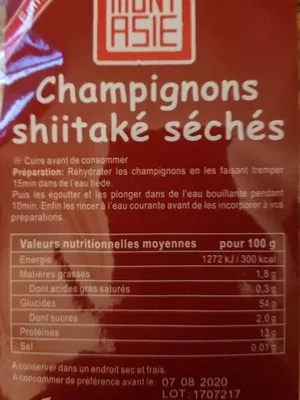 List of product ingredients Champignons shiitaké séchés Mont Asie 