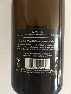 Liste des ingrédients du produit Kystin Cuvee VII Apple Cider Infused With Chestnuts. 4%abv. Kystin 75 cl