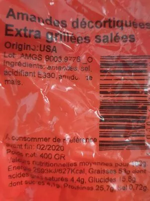 Lista de ingredientes del producto Amandes décortiquées extra grillées salées O'Régal 400 g
