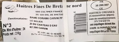List of product ingredients Huîtres fines de Bretagne nord Cultimer 2 kg