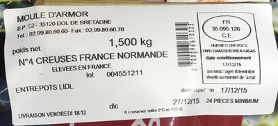 List of product ingredients Huîtres de Normandie Moule d'Armor 1,500 kg