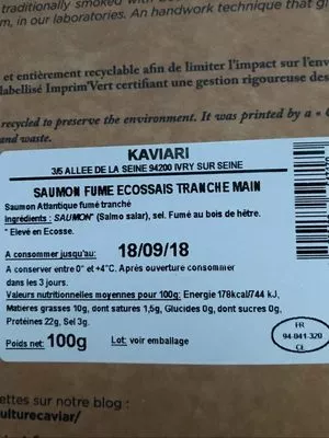 Liste des ingrédients du produit Saumon fume ecossais Kaviari 100 g