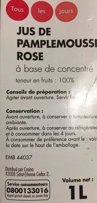 Lista de ingredientes del producto Jus de Pamplemousse rose à base de concentré Tous les jours 1 l