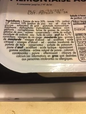 List of product ingredients Piemontaise au jambon Tous les jours 