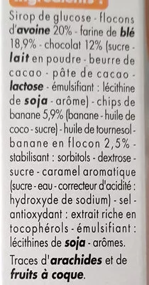 List of product ingredients Barres céréalières aux pépites de chocolat et à la banane Tous les jours 126 g