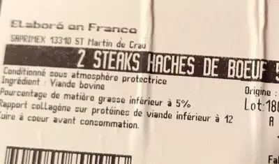 Liste des ingrédients du produit Steaks hachés de boeuf 5% MG  325 g (5 gaufres)