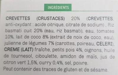 List of product ingredients Crevettes sauce Curry Coco et riz aux légumes Kitchen Diet 300 g