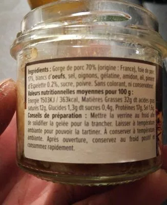 Liste des ingrédients du produit Terrine de campagne au piment d'Espelette Esprit Gourmet 