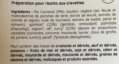 Lista de ingredientes del producto Risotto aux crevettes  250 g