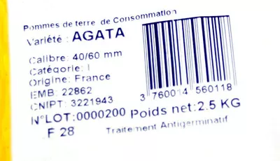 List of product ingredients Pommes de terre de Bretagne (variété Agata) Terres de Bretagne 2,5 Kg.
