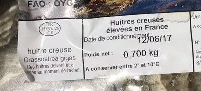 Lista de ingredientes del producto Huîtres creuses Sans marque, SAS Cultimer, Cultimer 0,700 kg