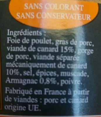 List of product ingredients Le pathe de canard  