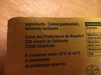 Lista de ingredientes del producto Beurre de baratte Notre Montagne 250 g