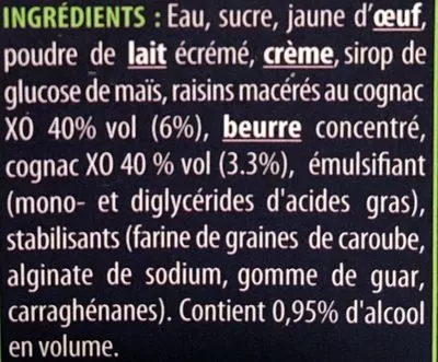 List of product ingredients Crème glacée Cognac-Raisins L'Angélys 500 g