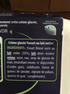 List of product ingredients Crème glacée yaourt au lait entier L'Angélys 450 g