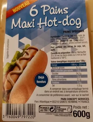 Liste des ingrédients du produit Six pains maxi hot-dog Pain Concept Services 