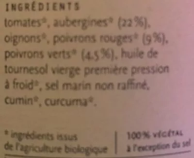 Lista de ingredientes del producto Tajine d'aubergines et poivrons Karine & Jeff, Le bonheur est dans le pot 350 g