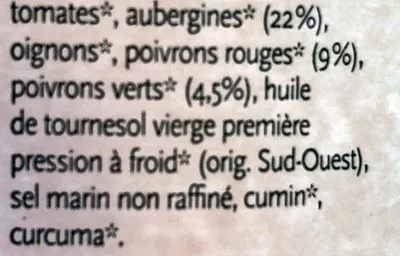 Liste des ingrédients du produit Tajine Aubergines et Poivron Karine & Jeff 500 g