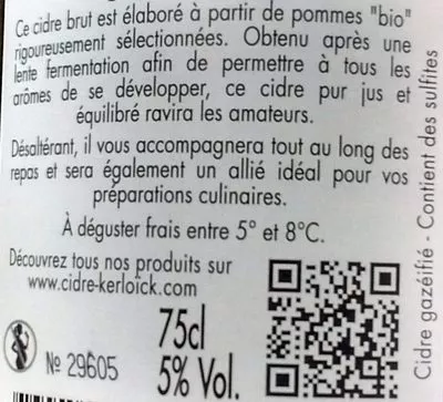 List of product ingredients Cidre Bio Brut (5%) Vergers Réginéens 75 cl