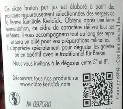Lista de ingredientes del producto Cidre fermier Breton Brut (5%) La Ferme de Kerloïck 75 cl