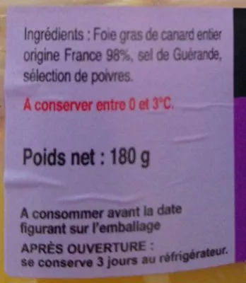 List of product ingredients Foie gras de canard entier Michel Monteil 180 g