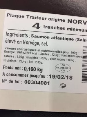 Liste des ingrédients du produit Saumon atlantique fumé Le Borvo 