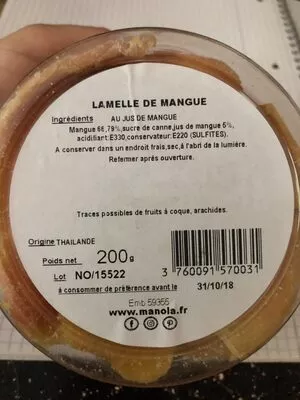 List of product ingredients Lamelle de mangue Manola 