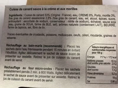 Liste des ingrédients du produit Cuisse de canard sauce aux morilles  