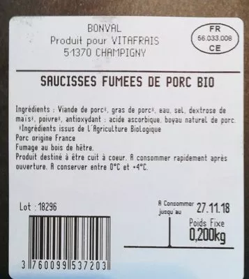 List of product ingredients Saucisses Bio fumées Bonval 