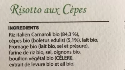 List of product ingredients Risotto aux cèpes Glutee Free 