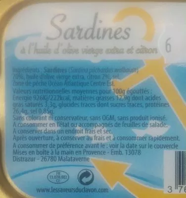 List of product ingredients Sardines à l'huile d'olive vierge extra et citron  
