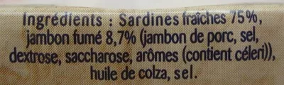 List of product ingredients Sardines préparées à l'Ancienne (Jambon Fumé) La Perle des Dieux 115 g