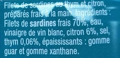 List of product ingredients Filets De Sardines Sans Huile Au Thym Et Citron La Perle des Dieux 115g