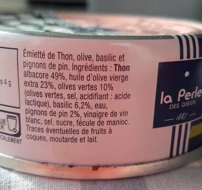 Liste des ingrédients du produit Emietté de thon, olive, basilic et pignons de pin La perle des dieux 80 gr