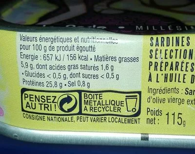 List of product ingredients Sardines millésime 2016 La Perle Des Dieux 115 g (86,3 g)