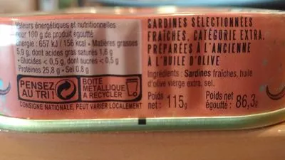 List of product ingredients Sardine Millésimèes 2017 La Perle des Dieux 115 g (86,3 g)