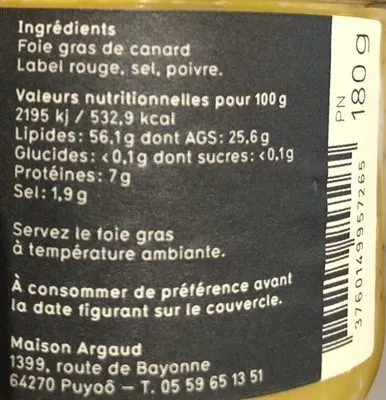 List of product ingredients Foie gras de canard  180 g