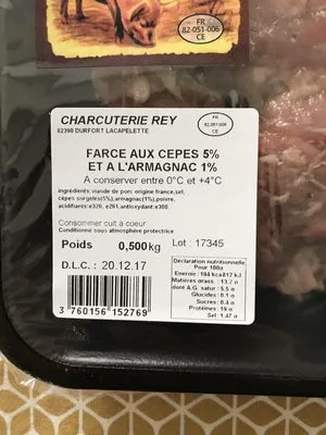 List of product ingredients Farce aux cèpes et armagnac Charcuterie REY 
