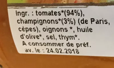 Liste des ingrédients du produit Sauce tomate aux champignons Les Délices du Maraîcher 330 g