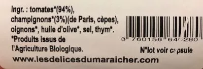 List of product ingredients Sauce Tomates aux Champignons  