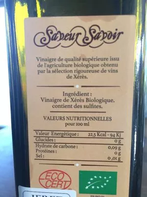 Lista de ingredientes del producto Vinaigre de xeres vieilli en fut de chene 1701 50 cl