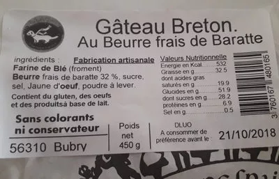Lista de ingredientes del producto Gateau Breton La Ronde Bretonne 450 g