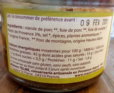 Liste des ingrédients du produit La Terrine au Pastis de Provence Maison Telme 200 g