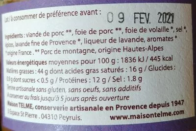 Lista de ingredientes del producto Terrine à la fleur de lavande sauvage Maison Telme 200 grammes