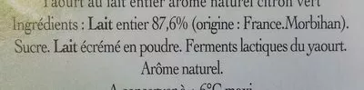 Lista de ingredientes del producto Yaourt au lait entier, Arôme naturel Citron vert Ker Ronan 500g (4 * 125 g)