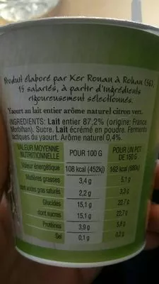 Liste des ingrédients du produit yaourt au lait entier arôme naturel citron vert Ker Ronan 150g + 9g